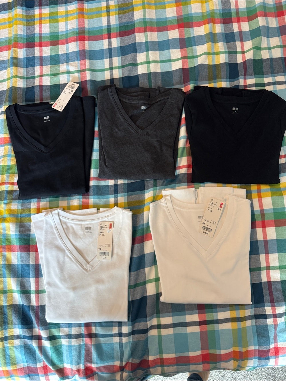 Women Uniqlo Ribbed Cotton V-Neck long sleeve:  Black Charcoal White - all 5